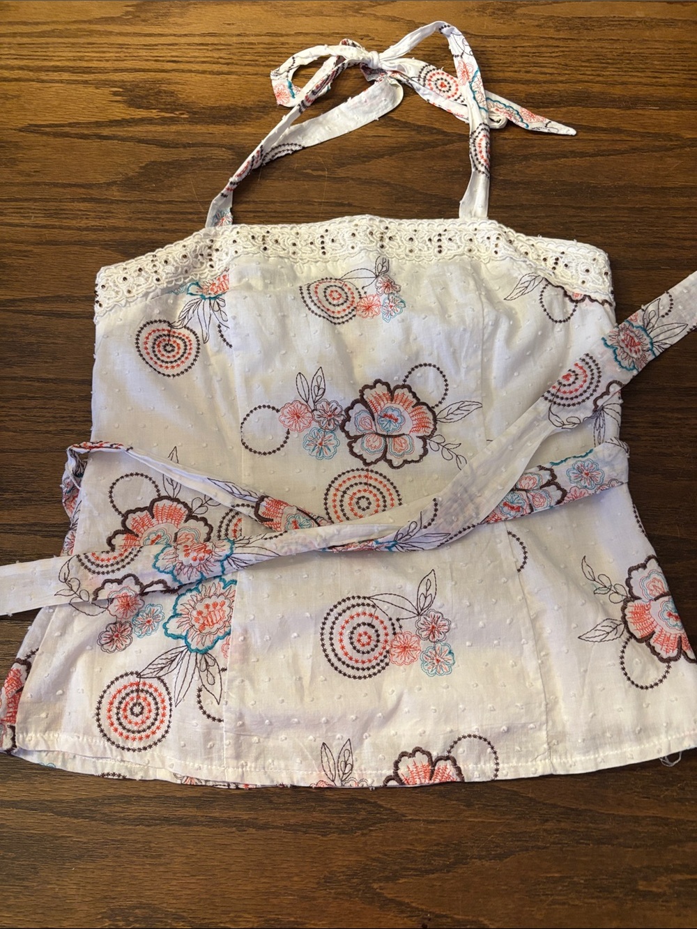 Heart Soul White Floral Eyelet Halter Camisole with Coral & Teal Accents